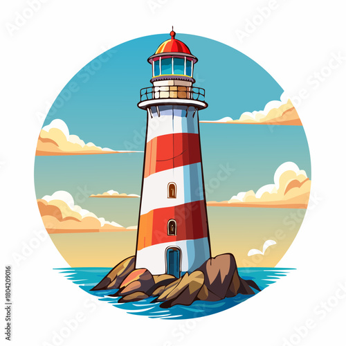 Leuchtturm auf einer Insel umgeben von Wasser - Comic Cartoon Stil