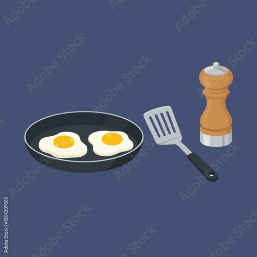 A cartoon image displays a frying pan with two fried eggs, a silver spatula, and a wooden pepper mill set against a dark blue background.