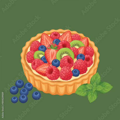 A cartoon vector image displays a fruit tart with strawberries, blueberries, raspberries, kiwi, mint, and a shortbread crust on a dark green background.