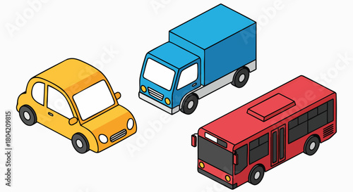 Isometric transport vehicles set modern flat design illustration car truck bus auto delivery public transport isometric vector graphic