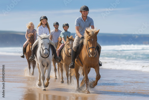 Fototapeta Naklejka Na Ścianę i Meble -  Group of riders on horses ride along a sunny beach. Sunlit waves crash as smiles glow on the coast.