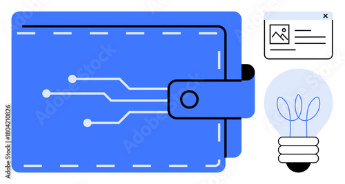 Electronic wallet with circuit connections, document interface, and glowing lightbulb symbolizing innovation, finance, and creativity. Ideal for fintech, ideas, savings, security technology payment