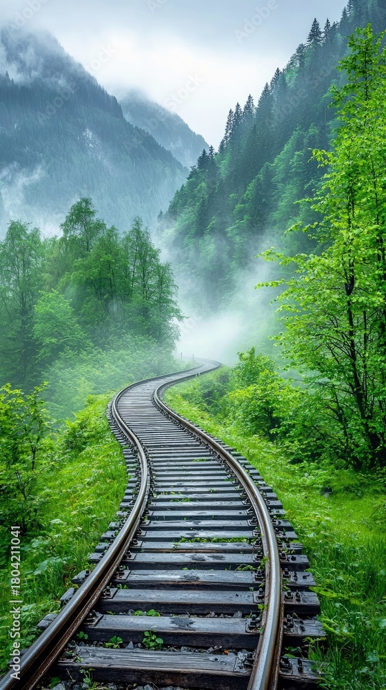 Fototapeta premium A curved railway track winds through a vibrant green forest and misty mountains, evoking a sense of journey and natural beauty.