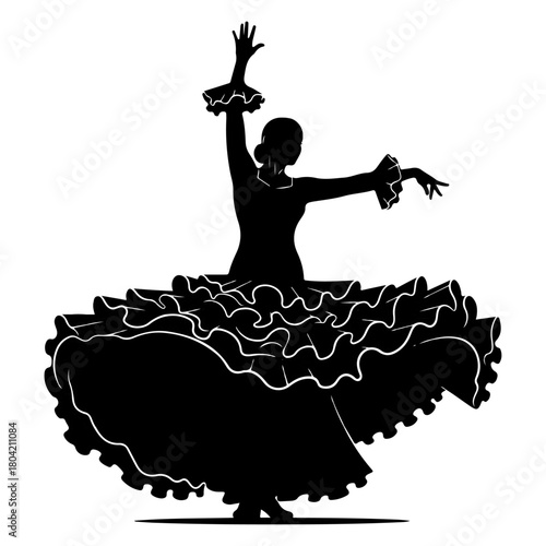 Silhouette of a flamenco dancer in a ruffled dress, isolated on, performing a passionate dance with graceful movements and expressive gestures, showcasing the beauty and artistry of spanish culture