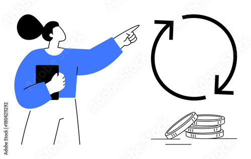 Woman holding a tablet gesturing towards looping arrows and stacked coins. Ideal for business, finance, investment, sustainability, profit planning, economic growth, simple flat metaphor