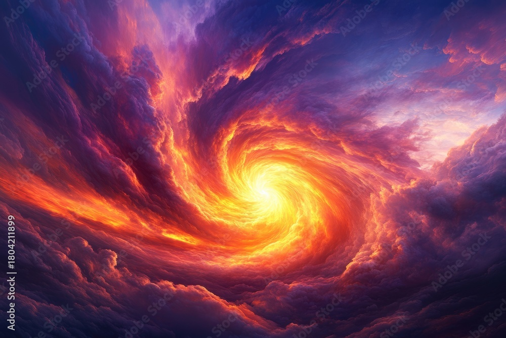 Obraz premium Fiery cosmic vortex: vibrant orange and red clouds swirl around an intense bright light, transitioning to deep purple and blue.