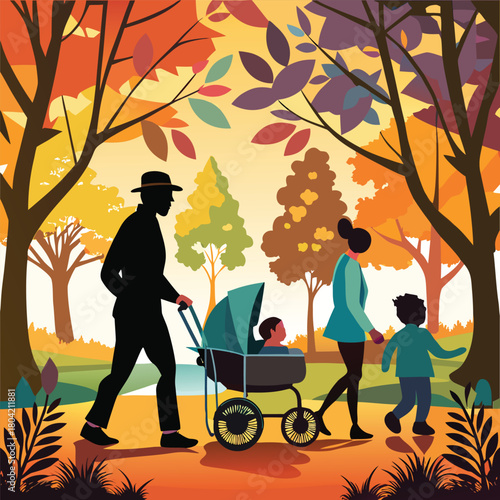 Family of four enjoying a peaceful autumn stroll together in a picturesque park, embracing the vibrant colors of fall foliage and nature's beauty