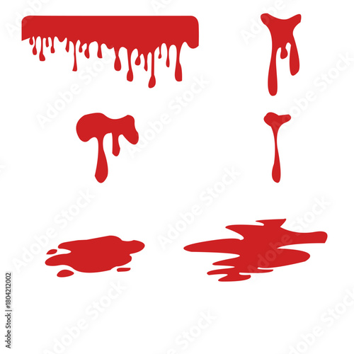 Set of red blood drips and splatters isolated on vector illustration of various blood drops, stains, and splatters for medical or crime scene concepts
