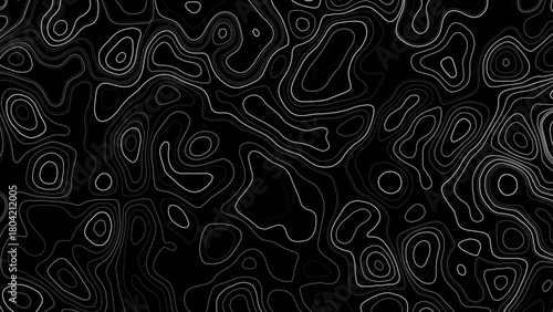 The stylized height of the topographic map contour in lines and contours. The concept of a conditional geography scheme and the terrain path. white on black. Vector illustration.