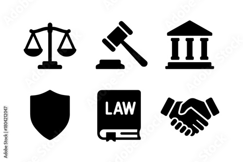 Legal and justice icons: scales, gavel, courthouse, and more in bold silhouette style