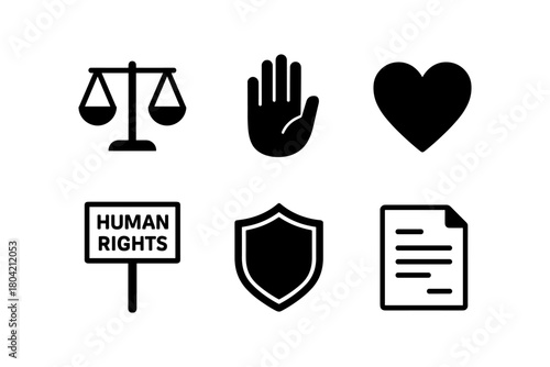 Justice and protection icons: balance, ethics, rights, security, compassion