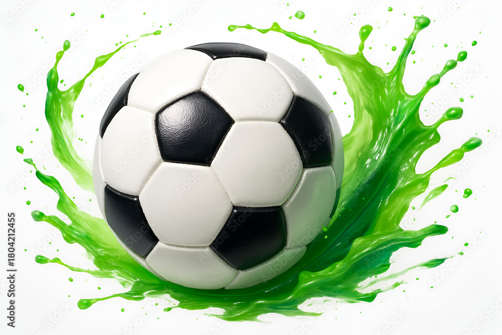Fototapeta premium a traditional football soccer ball captured in motion amidst a powerful splash of bright green water or liquid isolated on transparent background