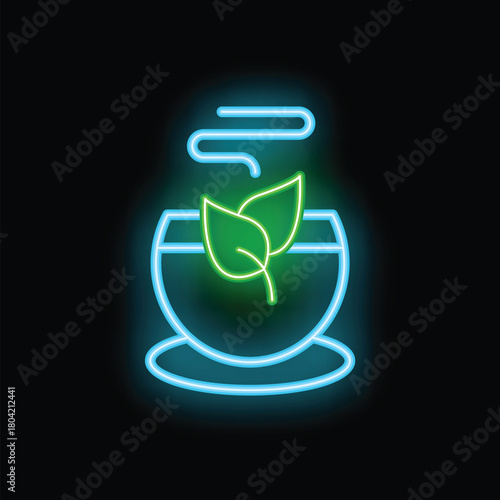 Neon sign illuminating a steaming cup with two green tea leaves, perfect for tea shops and cafes