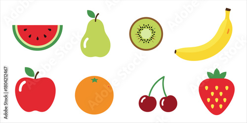Colorful flat design illustration of various fruits including apple, pear, banana, cherry, kiwi, strawberry, and watermelon. Perfect for healthy food concepts, diet and nutrition visuals, organic