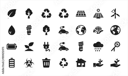 Set of ecology and sustainability icons in black silhouette style. Includes symbols of renewable energy, solar panels, wind turbines, electric vehicles, recycling, eco-friendly practices, trees