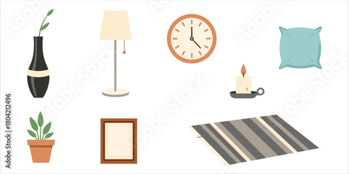Flat design illustration of cozy home interior elements including a table lamp, flower in a vase, wall clock, candle, pillow, indoor plant, picture frame, and rug. Perfect for interior design themes