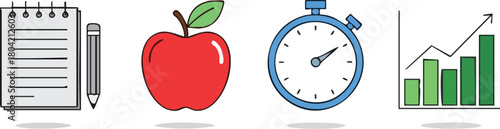 A minimalist graphic illustration of a notepad, pencil, apple, stopwatch, and bar graph with an upward trend, symbolizing productivity and healthy lifestyle habits for better time