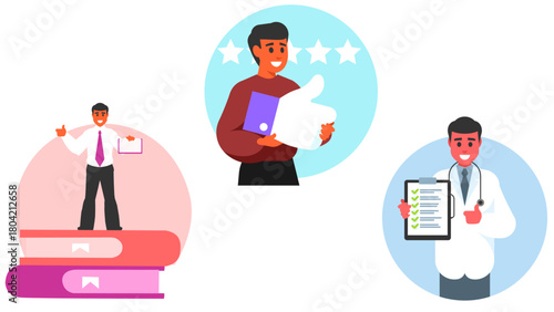 A collection of illustrations showcasing positive feedback, medical expertise, and career success, with a doctor holding a clipboard, a man giving a thumbs up, and a professional standing on books
