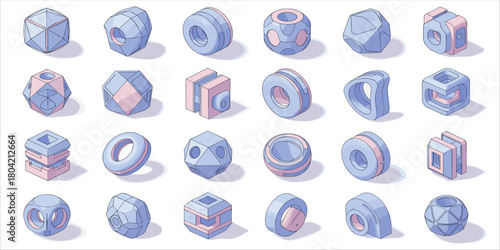 A collection of abstract 3D geometric shapes in isometric style, featuring smooth pastel tones of blue and violet. These futuristic objects resemble polyhedrons, toroids, and conceptual sci-fi element