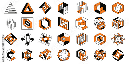 Modern abstract set of optical illusion shapes and impossible geometry in 3D isometric style. This vector design features creative construction of cube, triangle, hexagon, and geometric form elements