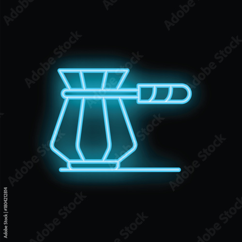 Neon icon of cezve coffee pot brewing coffee on black background