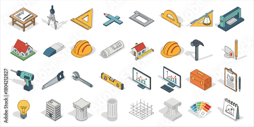 Isometric icon set featuring architecture, engineering, and design tools including compass, ruler, pencil, and scale. Each 3D element represents a concept of construction, geometry, education,