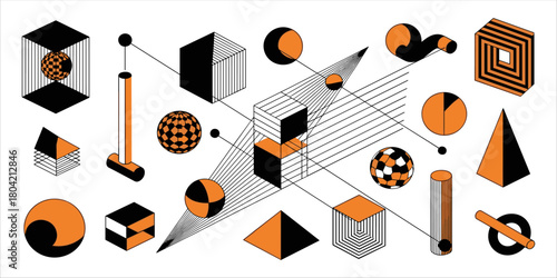 Set of abstract vector compositions featuring 3D impossible shapes, cubes, hexagons, and triangles in modern isometric design. This graphic collection explores geometric illusion, visual form, and opt