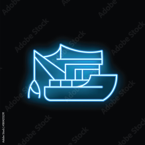 Glowing blue neon fishing boat icon isolated on a black background for your design projects