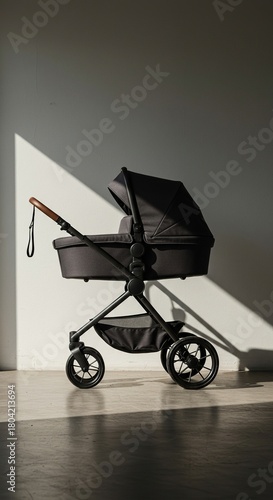 Contemporary stroller pram designed for comfort and ease of use, highlighting its robust frame and safety features in natural light ,new ,clean ,basket