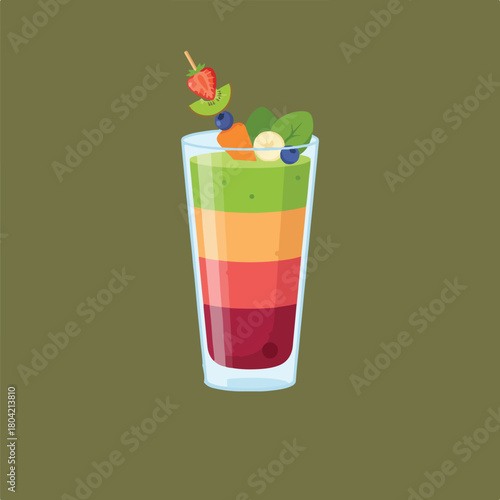Illustration of a layered fruit smoothie in a tall glass with a fruit skewer on top, set against a dark olive green background.