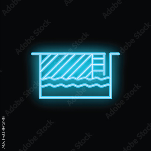 Bright blue neon sign depicting a swimming pool with ladder and rippling water, isolated on a black background