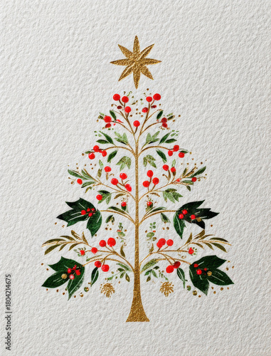 Fondo blanco de papel con textura blanco para tarjetas de navidad con arbol pintado en tonos verdes , dorados y rojos , con hojas de acebo y frutos rojos, decoraciones navideñas, de estrella y bolas