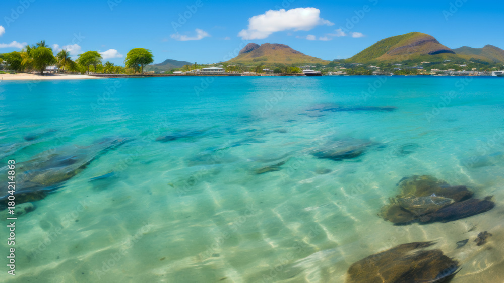Fototapeta premium Crystal Clear Waters and Scenic Mountains Create a Perfect Tropical Paradise in the Caribbean