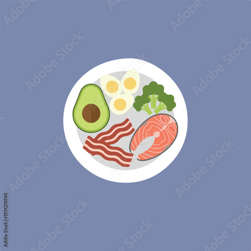 The image features a balanced keto diet illustration, featuring a plate with salmon, bacon, eggs, avocado, and broccoli, set against a light blue background.