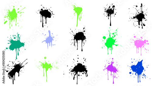 Ink splashes and drops. Grunge ink splatter, liquid drip splash, Different color blots and splashes. Artistic ink spots  illustration set. Illustration of the colorful paint splashes on a white bg