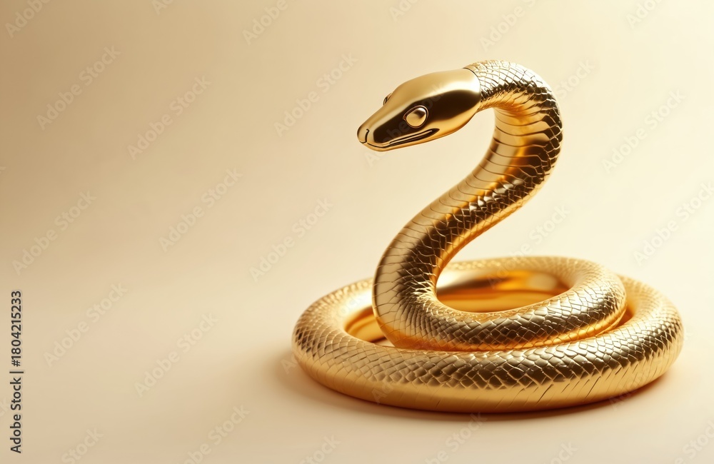 Obraz premium Gold snake sculpture coiled tightly. Reflective, smooth surface catches light. Elegant, modern design on neutral beige backdrop. Creature art, luxury decor element, studio shot.