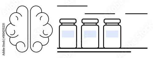 Brain outline alongside three medication jars on a shelf, emphasizing mental health, neurology, treatment, cognitive science, pharmaceutical research, wellness, and self-care themes. Simple flat