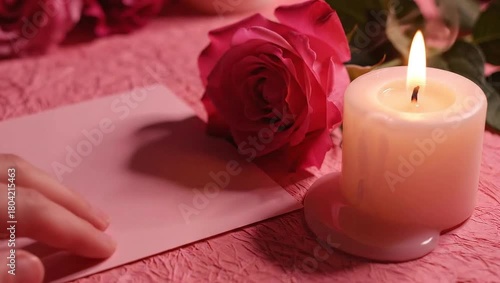 A person writing a love letter by candlelight with a rose nearby.