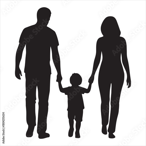 Family silhouette walking together, father, mother, and child holding hands, symbolizing love, support, unity, and parenthood