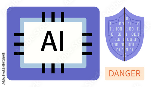 AI processor chip connected to circuits next to a binary code shield and danger warning. Ideal for AI, cybersecurity, risk management, technology, data protection, machine learning, digital caution