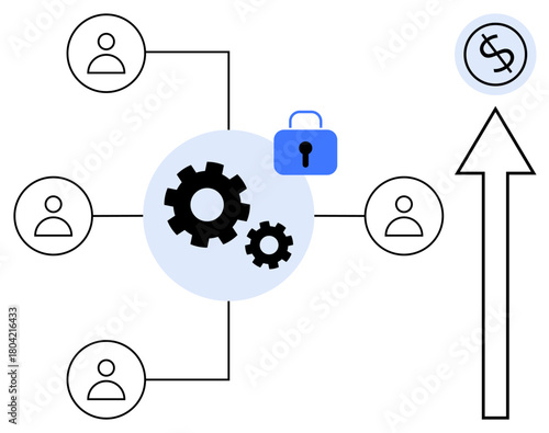 Gear mechanism linking user profiles with a padlock and upward financial arrow. Ideal for teamwork, connectivity, security, innovation, technology, progress, and finance. A simple flat metaphor