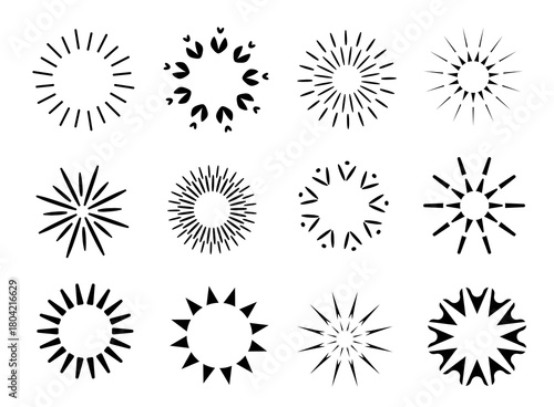 Set of abstract circles with sun rays. Star, fireworks, sun, sparkles

