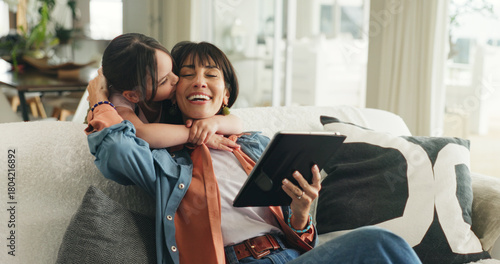 Bilde på lerret Hug, learning or tablet with mother and daughter on sofa in living room of home for development