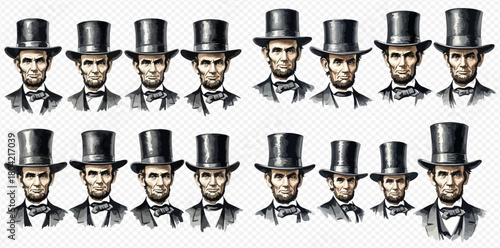 Multiple illustrations of Abraham Lincoln's head and shoulders, each wearing a black top hat and a bow tie, depicted in a consistent artistic style.