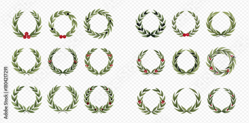 A collection of various green laurel wreaths and olive branch designs, some adorned with red berries or ribbons, on a transparent background.