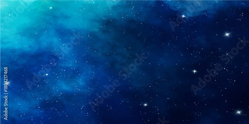 Blue space background with bright stars, nebula, and galaxy