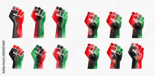 Watercolor illustration of multiple raised fists in Pan-African colors of red, black, and green, symbolizing unity and Black Power.