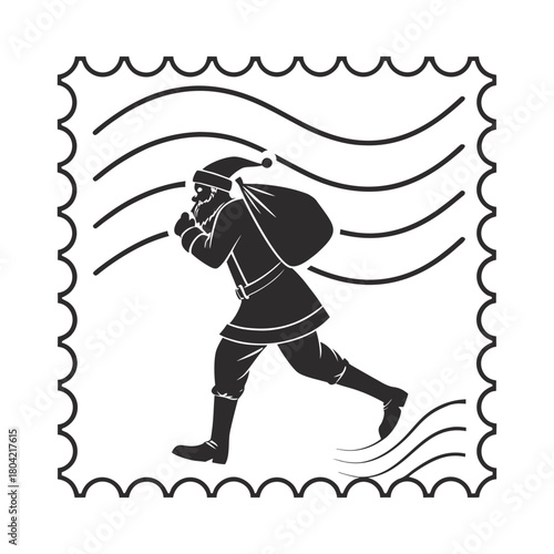 Running Santa Claus Stamp Silhouette Gift Delivery Black White