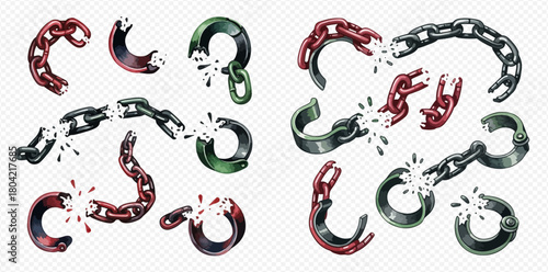 Set of broken metal chains and links in various colors, symbolizing freedom and release.