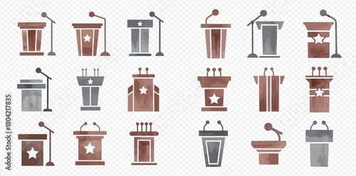 A collection of watercolor-style podiums and lecterns with microphones, suitable for speeches and presentations.